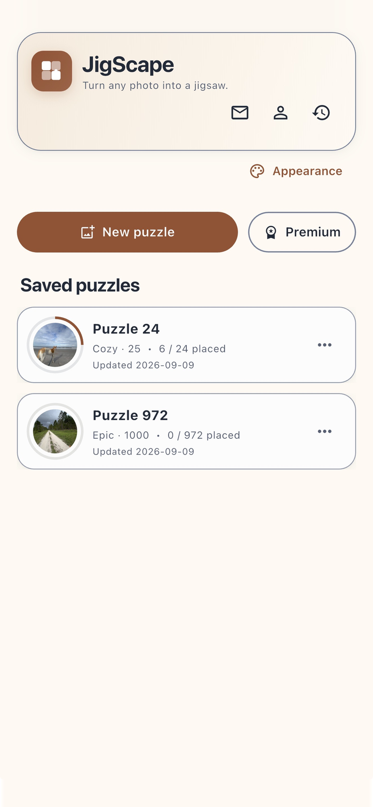 Home screen with saved puzzle progress, difficulty selections, and light or dark theme customization.