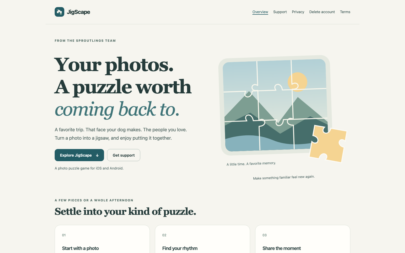 JigScape landing page showcasing personalized photo puzzle creation and gameplay modes.