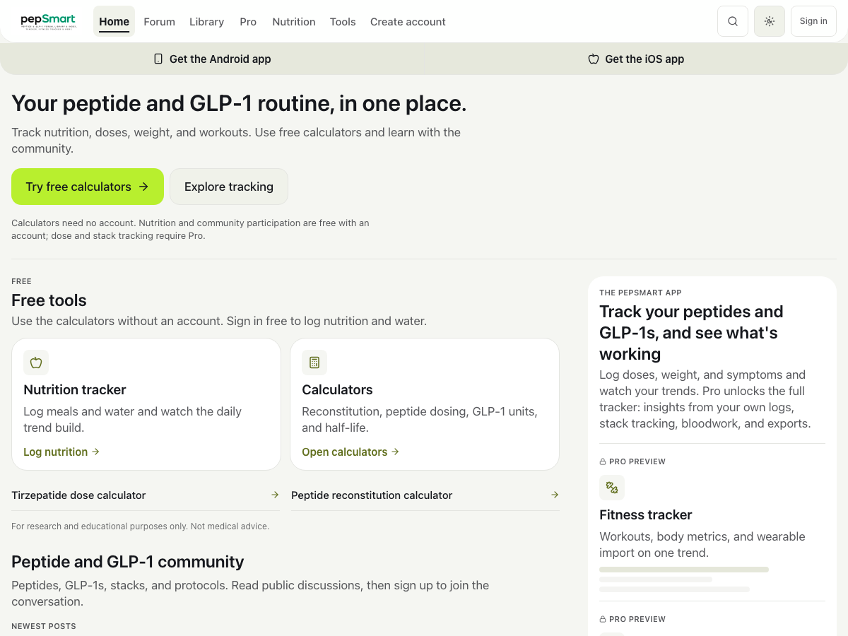 Live web application at pepsmart.net with free reconstitution calculators, nutrition tracking, and native store links.