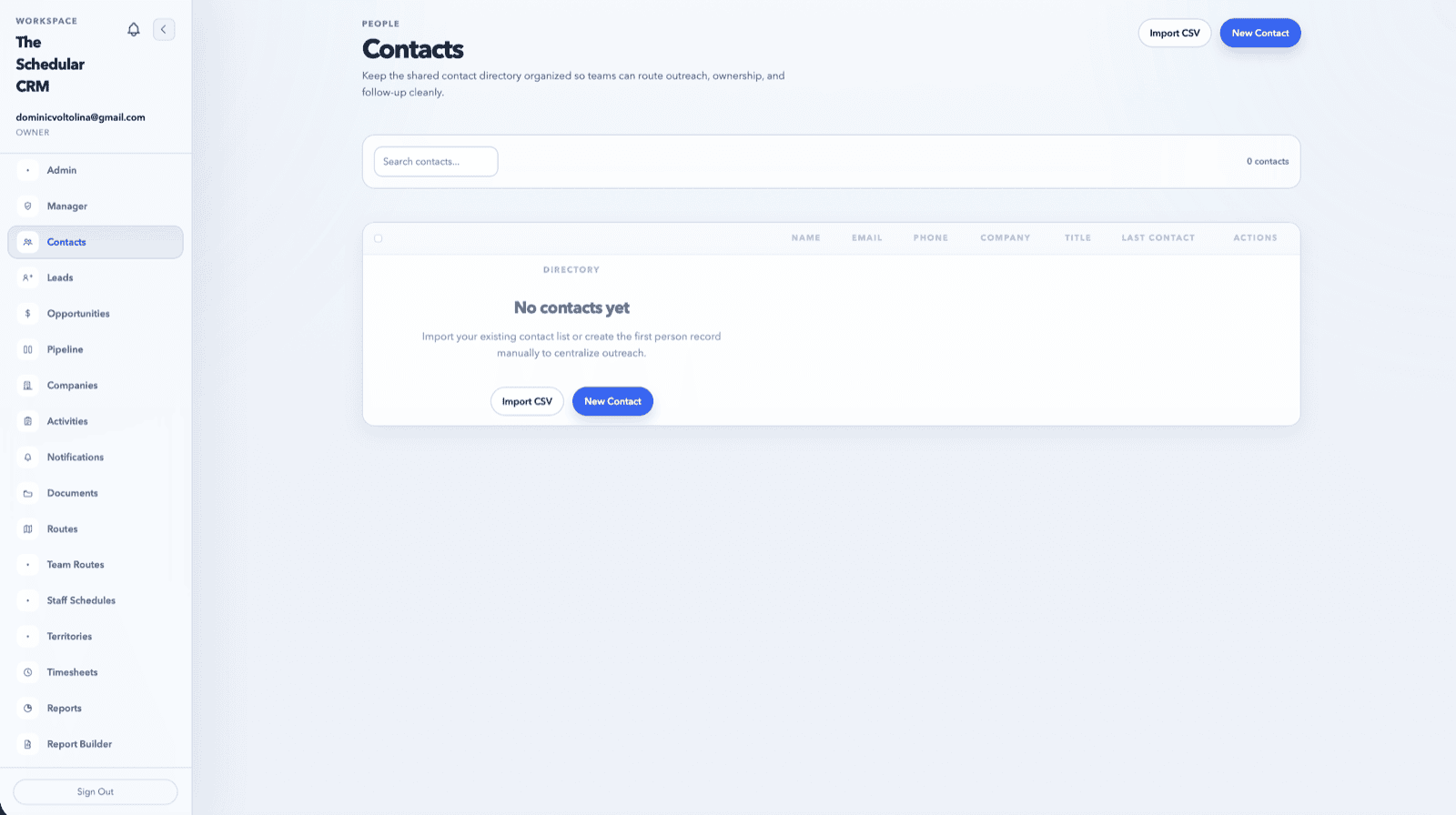 Shared contact directory with search, ownership, and CSV import for team routing.