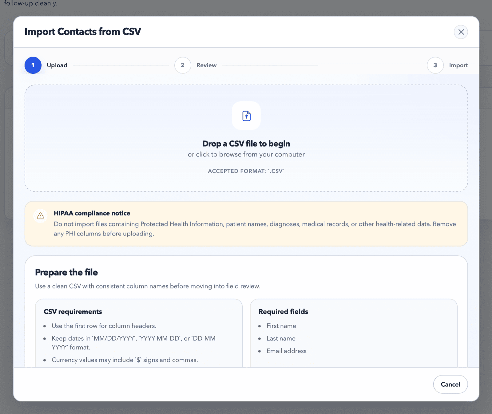 Three-step CSV import wizard with HIPAA compliance notice and field review.