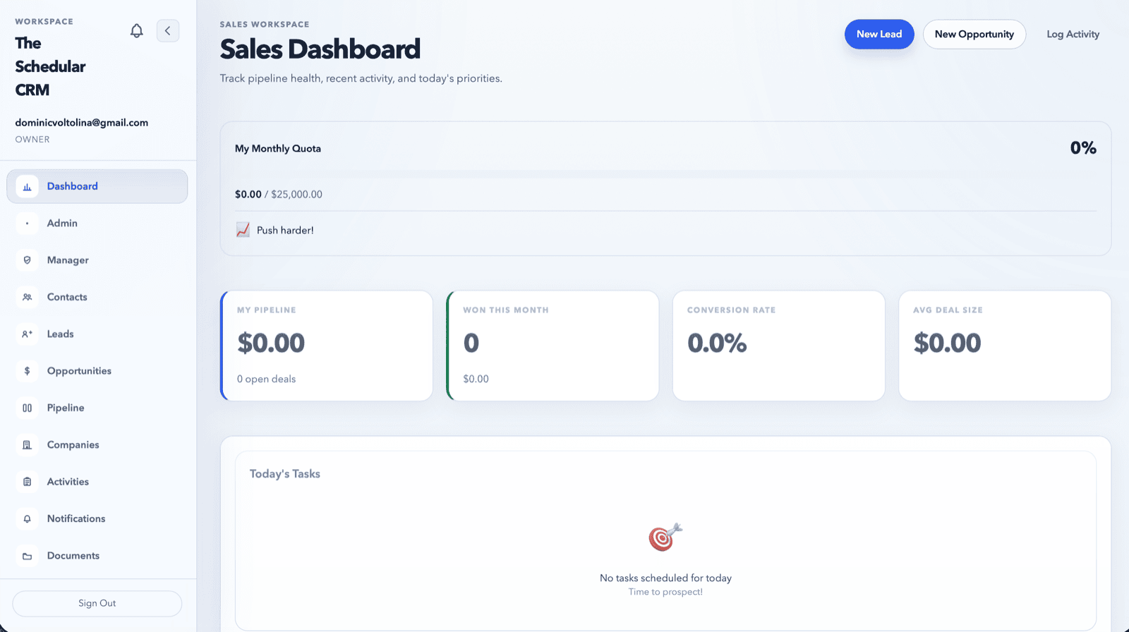 Sales workspace. Per-rep monthly quota, pipeline KPIs, and today's tasks.