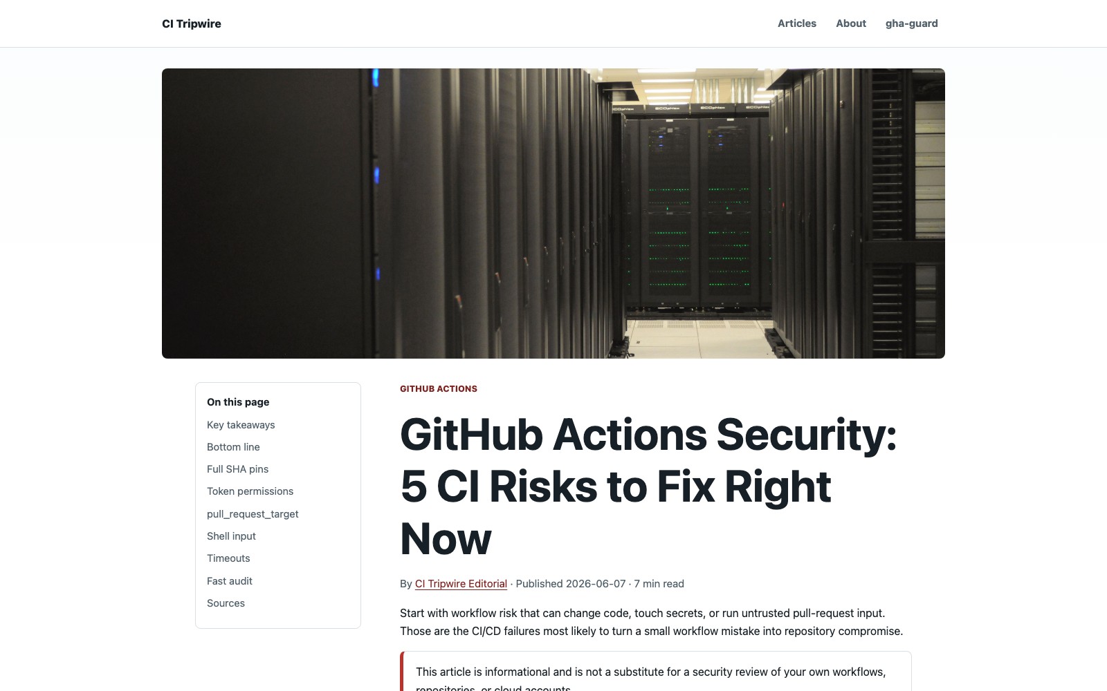 Production CI/CD security guide analyzing script injection risks, untrusted inputs, and workflow hardening.