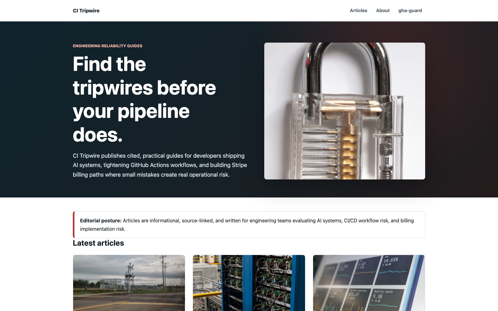 CI Tripwire publication homepage covering CI/CD workflow security and Stripe billing architecture.